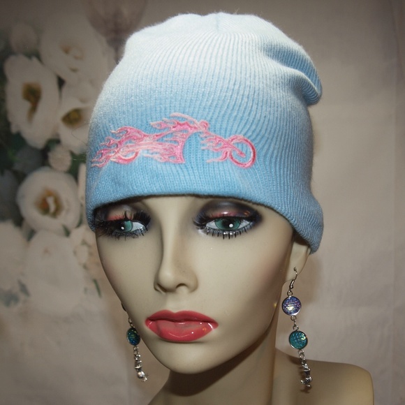 Pink Flaming Motorcycle Knit Hat Biker Girl hat NWOT Beanie - Picture 1 of 5